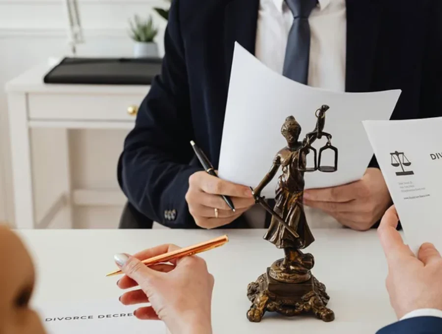 Scales of justice next to a lawyer seated at desk For the page: Lawyer Claude 5. Use realistic, professional photography. Match the composition, crop, and visua