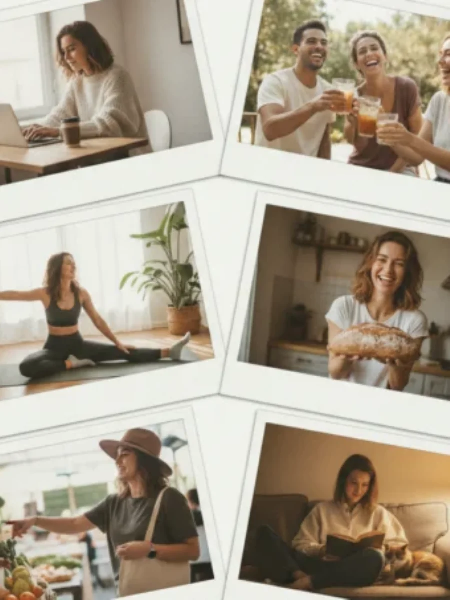 A collage of polaroid-style lifestyle photos showing the influencer in various everyday scenarios, working, smiling with friends For the page: Influencer 2. Use