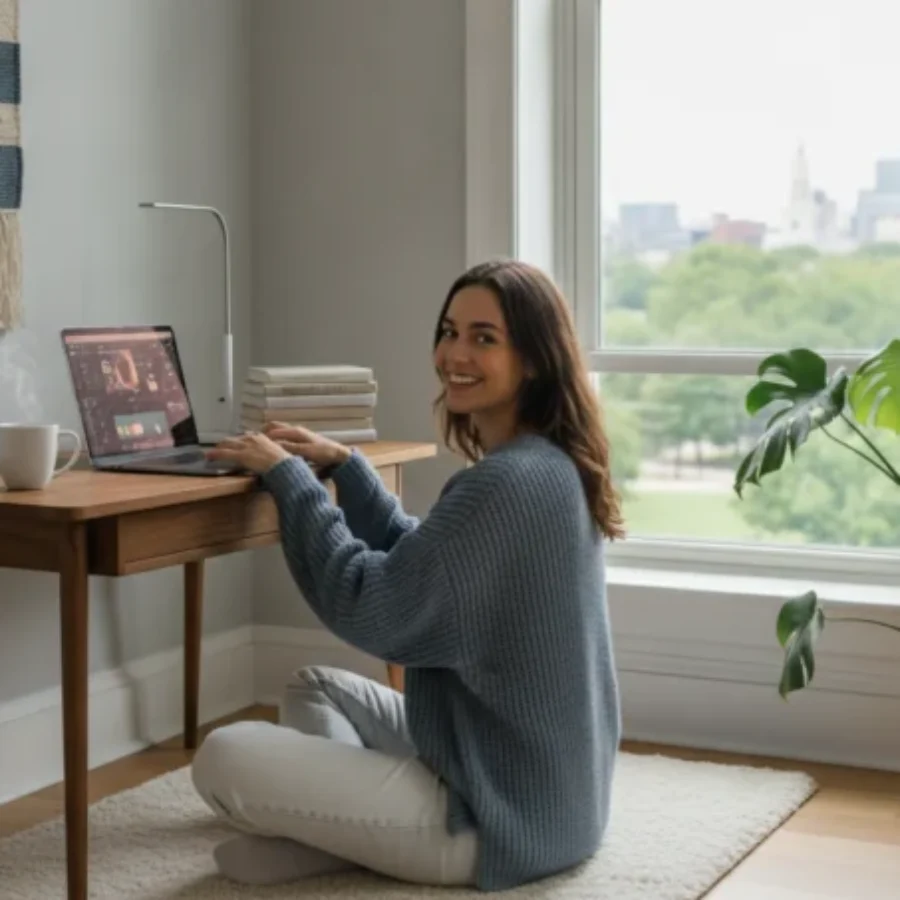 A person sitting at a desk with a laptop near a large window, lifestyle home office setup For the page: Influencer 2. Use realistic, professional photography. M