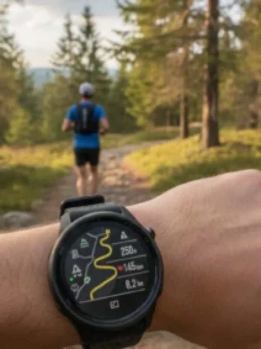 Fitness watch outdoor trail shot For the page: Influencer 3. Use realistic, professional photography. Match the composition, crop, and visual role of the mockup