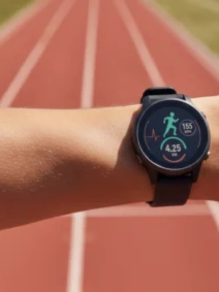 Fitness watch running track shot For the page: Influencer 3. Use realistic, professional photography. Match the composition, crop, and visual role of the mockup