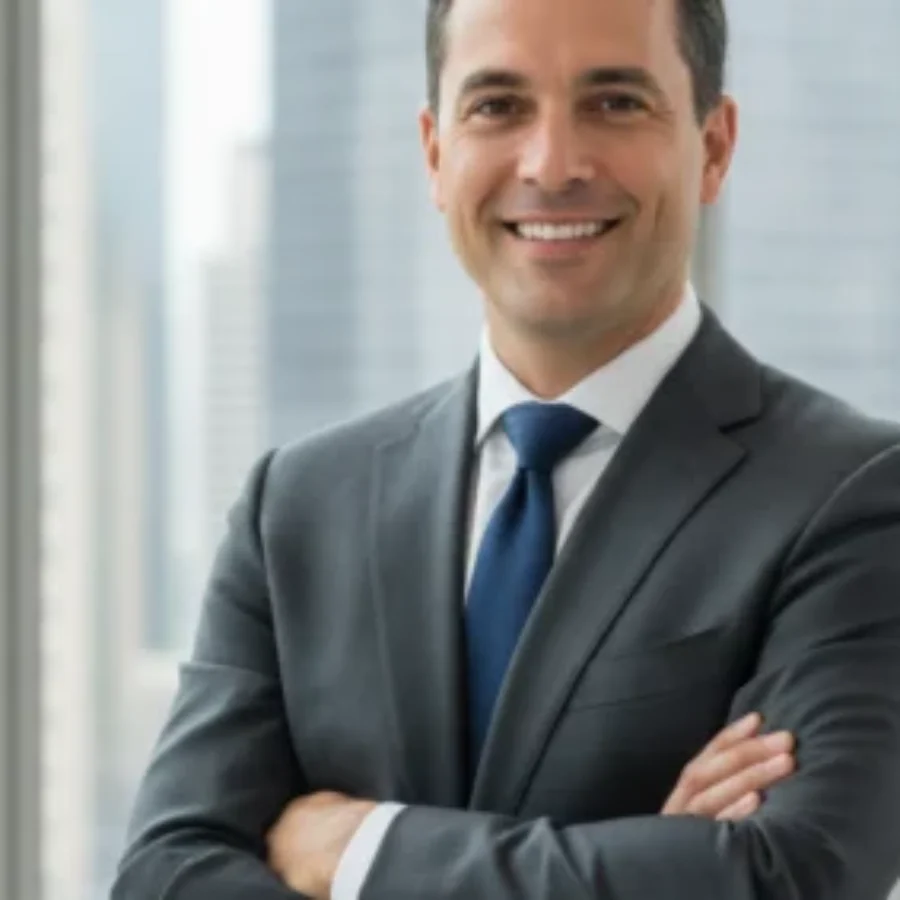 Man in a suit smiling For the page: Lawyer 1. Use realistic, professional photography. Match the composition, crop, and visual role of the mockup region. Gener