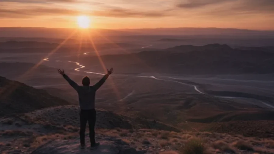 Person standing with arms raised overlooking a sunset landscape For the page: Influencer 3. Use realistic, professional photography. Match the composition, crop