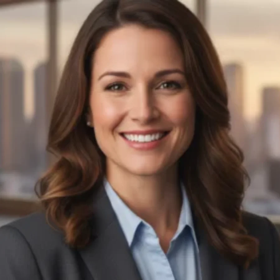 Smiling woman in grey blazer For the page: Lawyer 1. Use realistic, professional photography. Match the composition, crop, and visual role of the mockup region.
