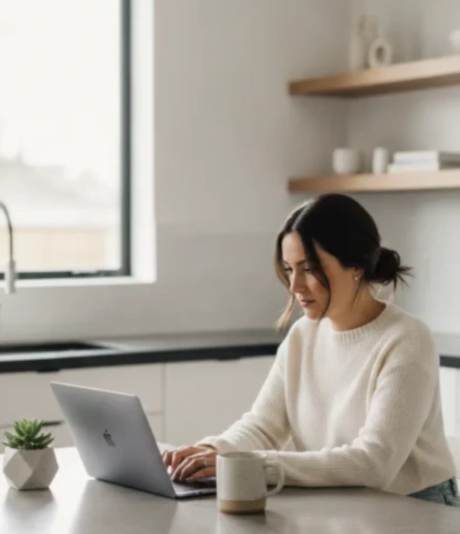 Woman sitting at a kitchen table, working on a laptop, with modern kitchen decor in the background, natural light. For the page: Influencer 4. Use realistic, pr