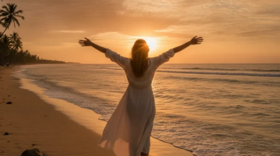 Woman standing on a beach with arms outstretched, facing away from the camera, at sunset, feeling free. For the page: Influencer 4. Use realistic, professional