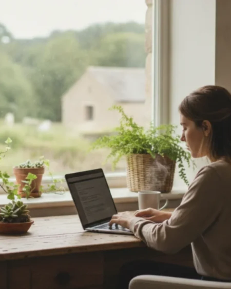 Woman working on a laptop at a rustic wooden desk with a large window and potted plants For the page: Influencer 3. Use realistic, professional photography. Mat